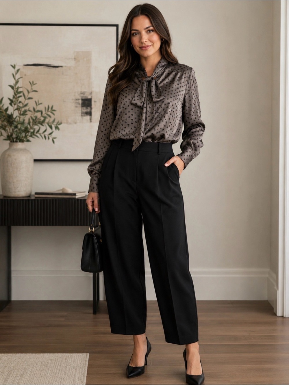 French Connection 100% Silk Cat Print Bow Blouse